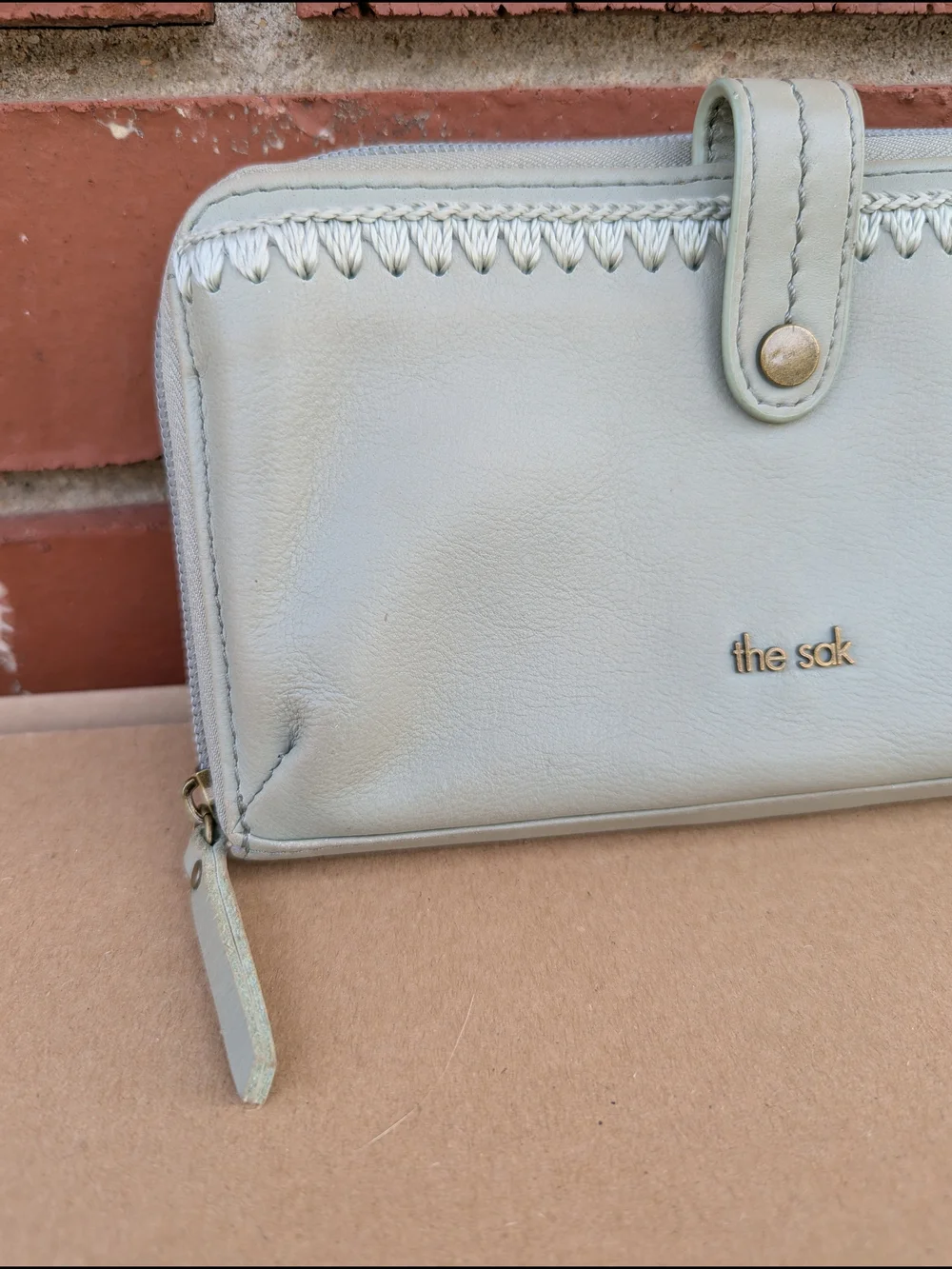 The Sak Iris Leather Large Smartphone Crossbody Wallet Sage Gray Wristlet Bag